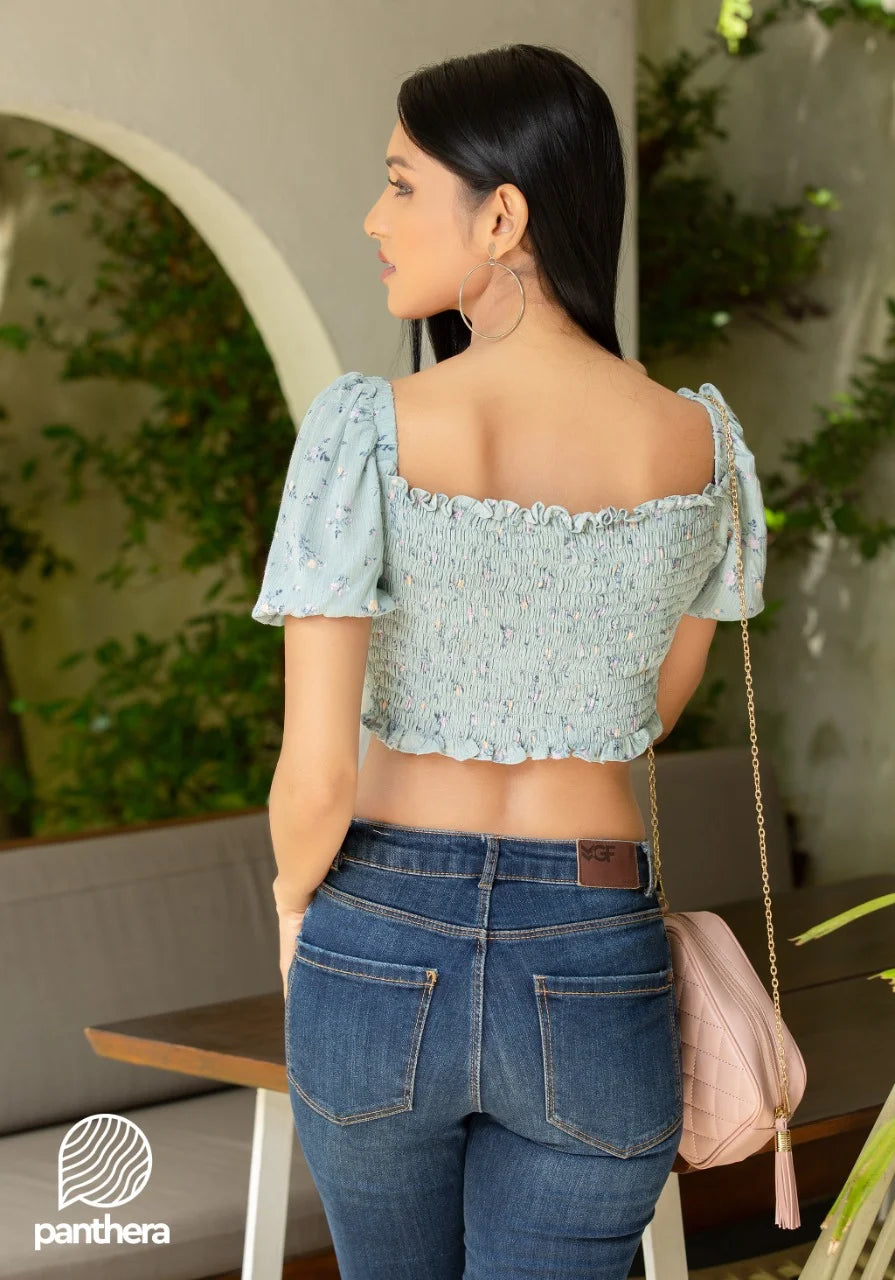 Back Smocking Floral Crop Top