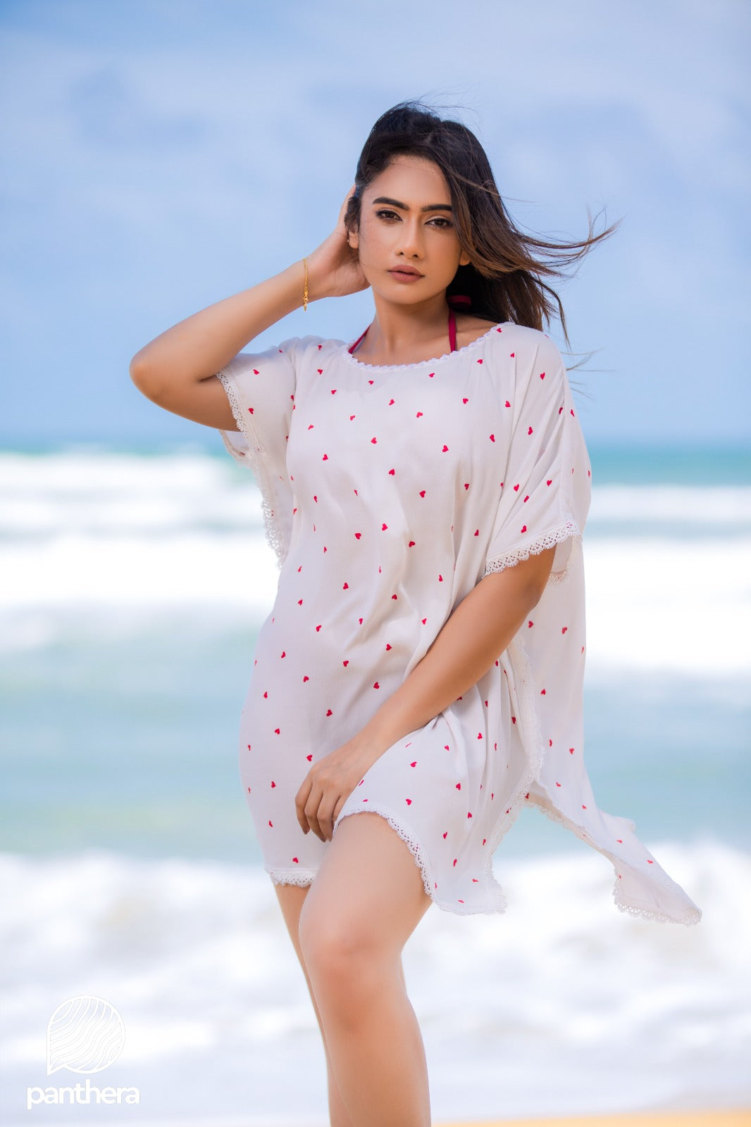 Heart Printed Lace Detail Beach Wear Top