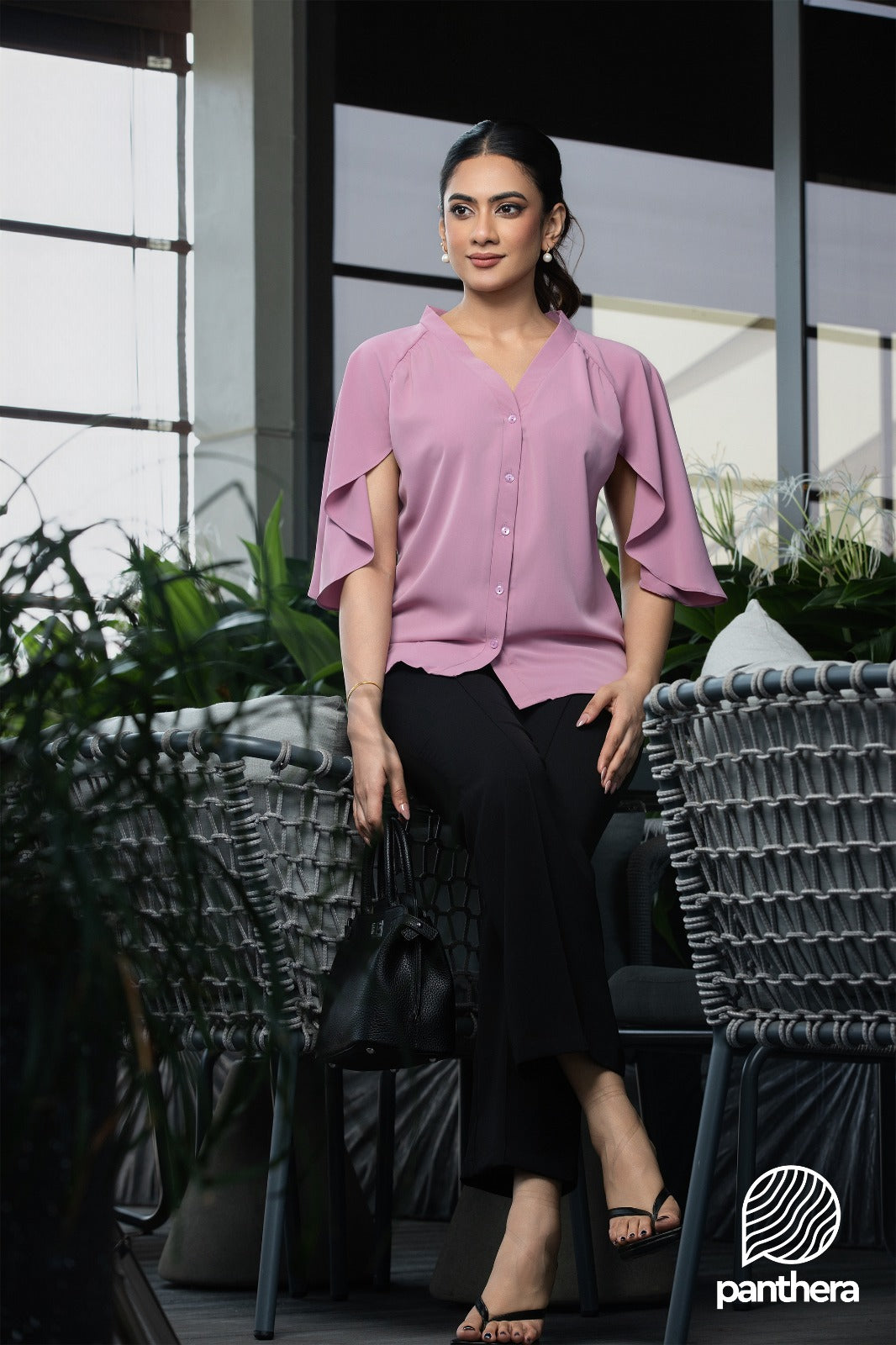 Flutter Sleeve Notched Blouse