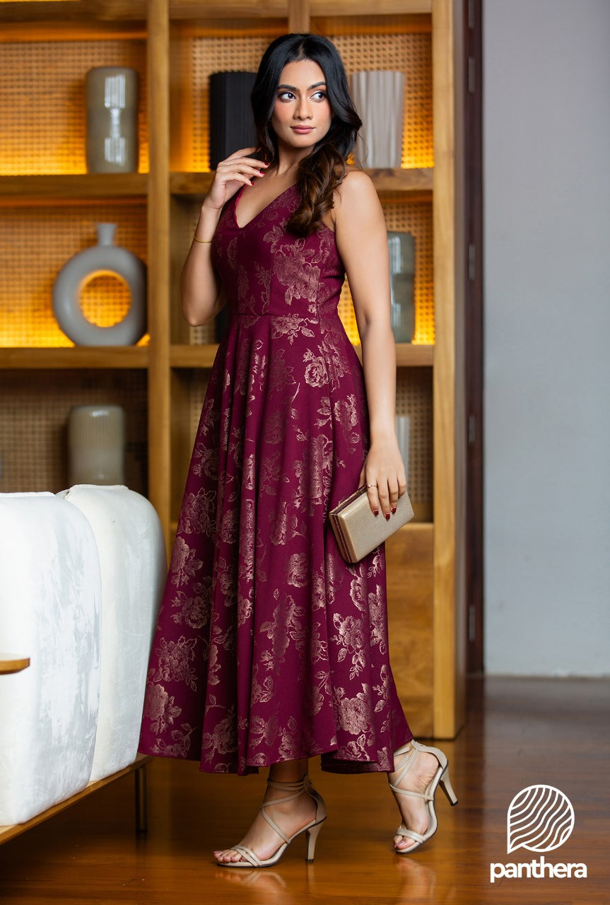 Gold Printed Flared Party Wear Dress