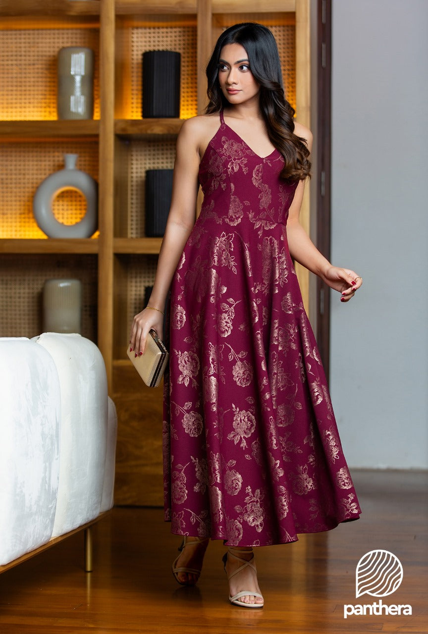 Gold Printed Flared Party Wear Dress