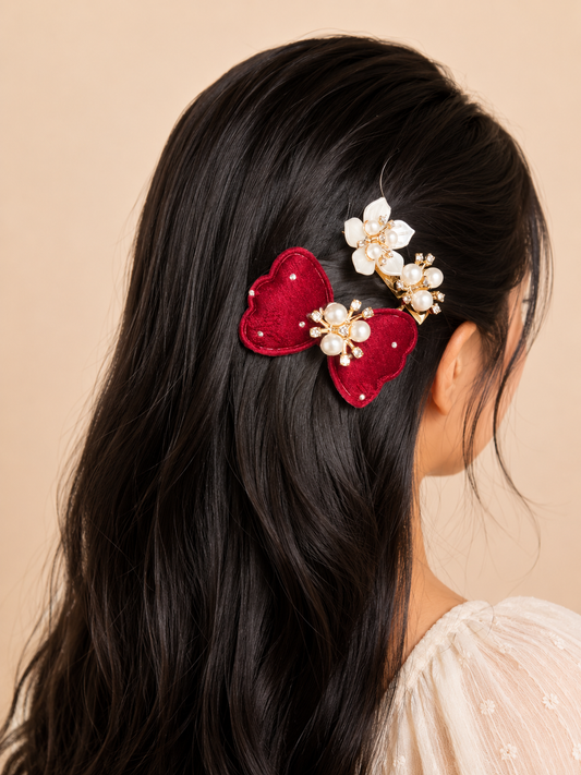 Velvet Bow Floral Hair Clip