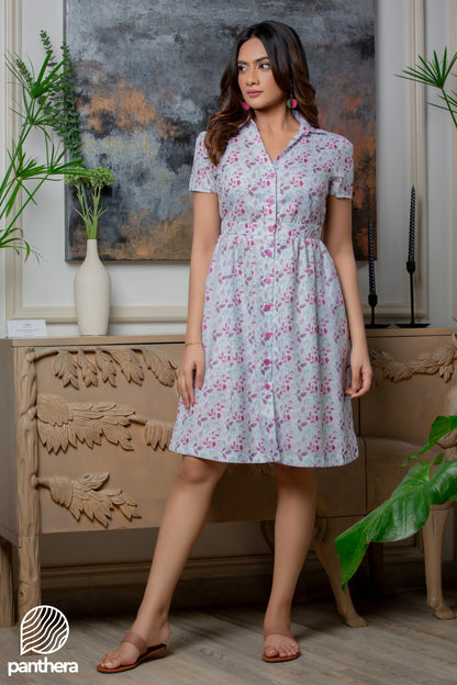 Floral Printed Linen Short Dress