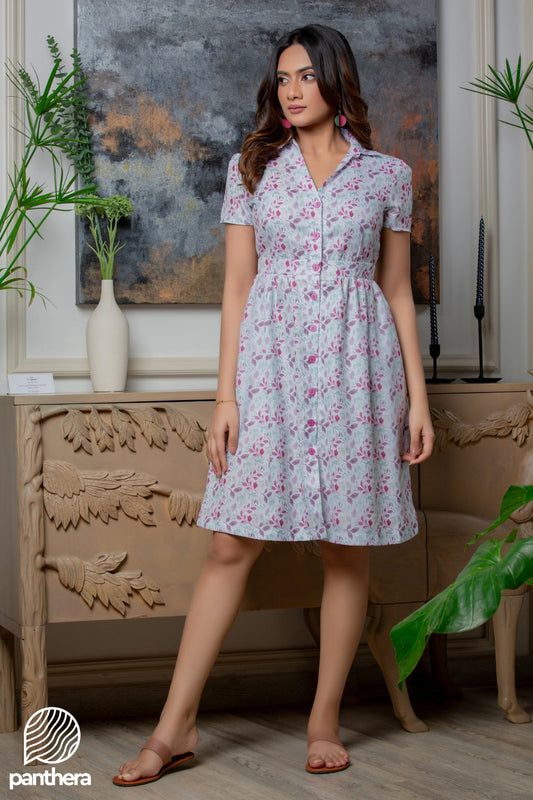 Floral Printed Linen Short Dress
