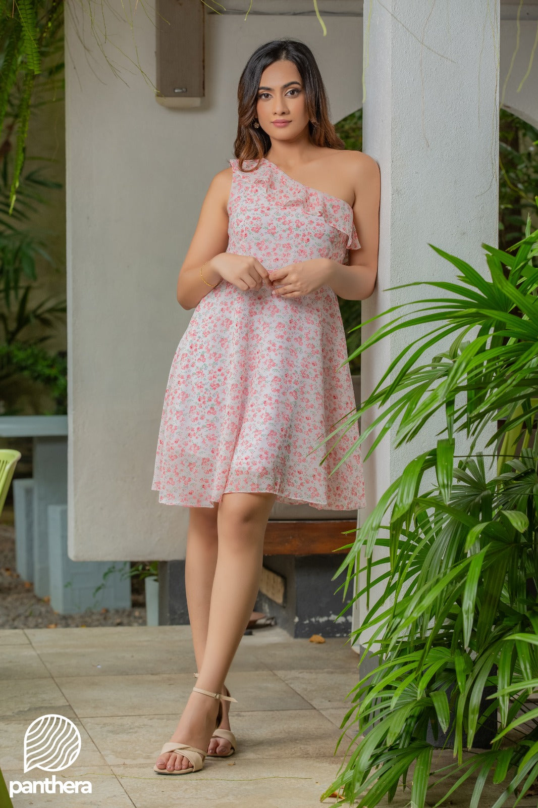 Floral one shoulder frill Dress