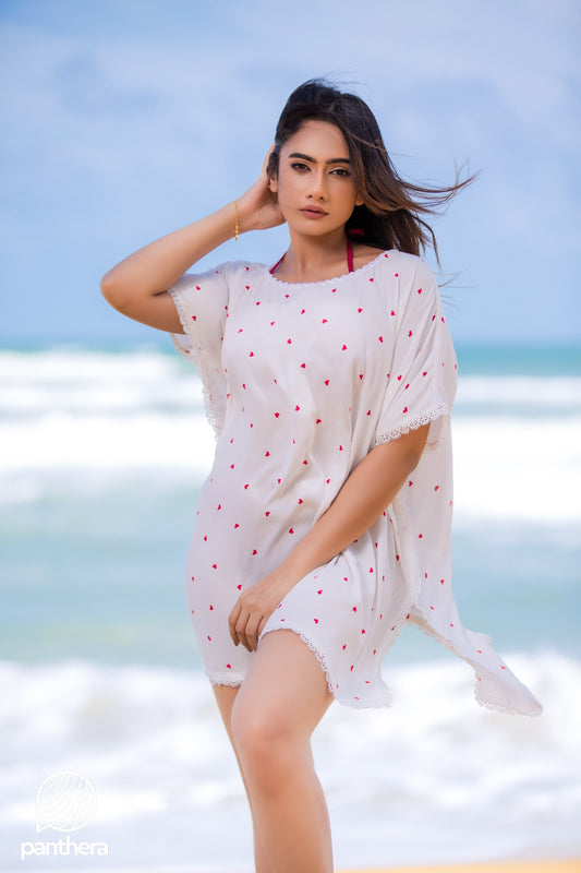 Heart Printed Lace Detail Beach Wear Top
