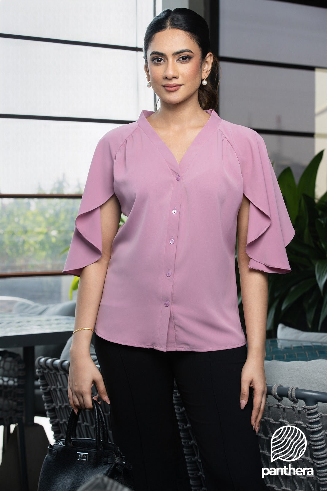 Flutter Sleeve Notched Blouse