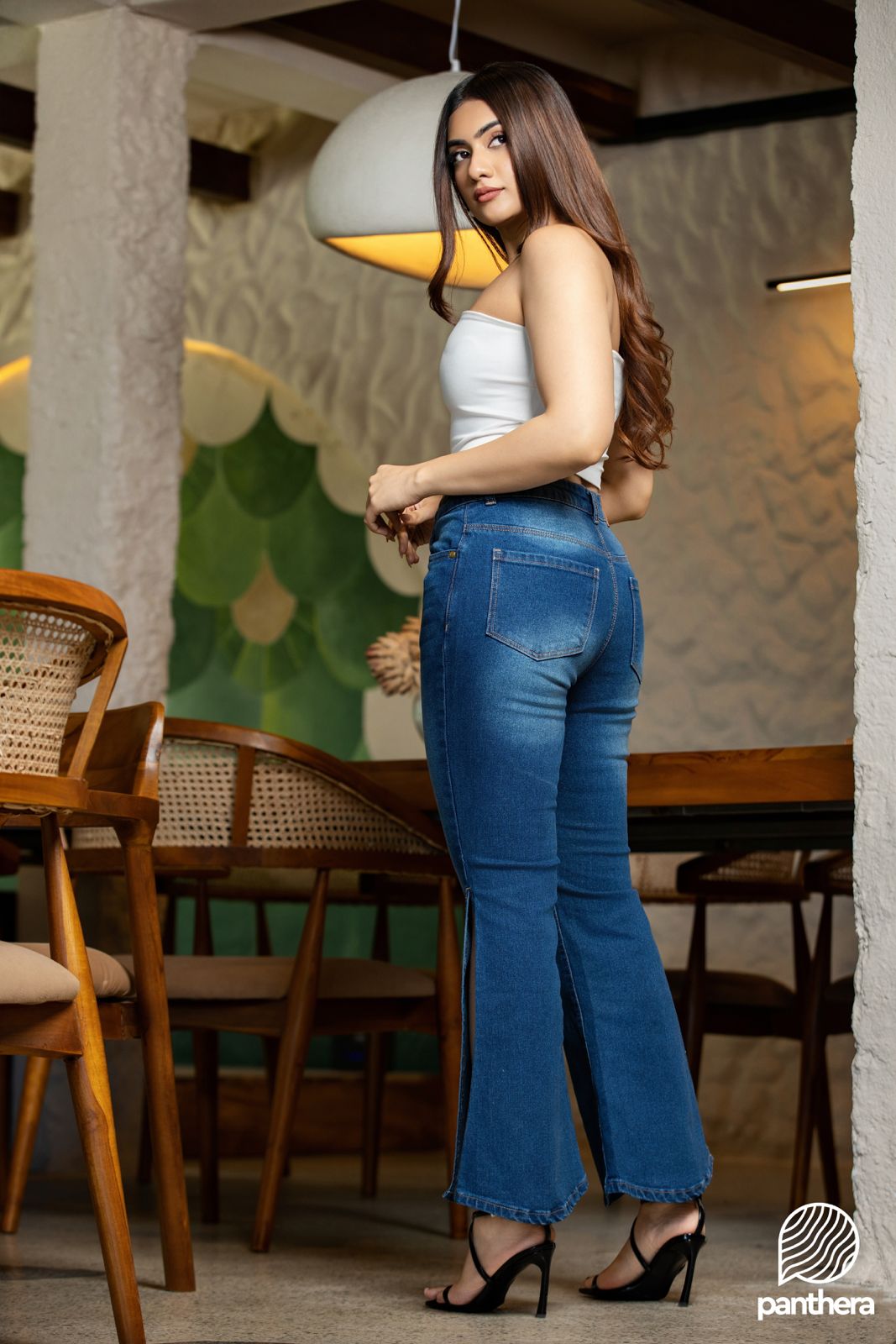 High-Waisted Flared Jeans with Side Slit