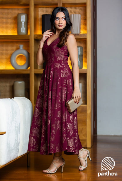 Gold Printed Flared Party Wear Dress